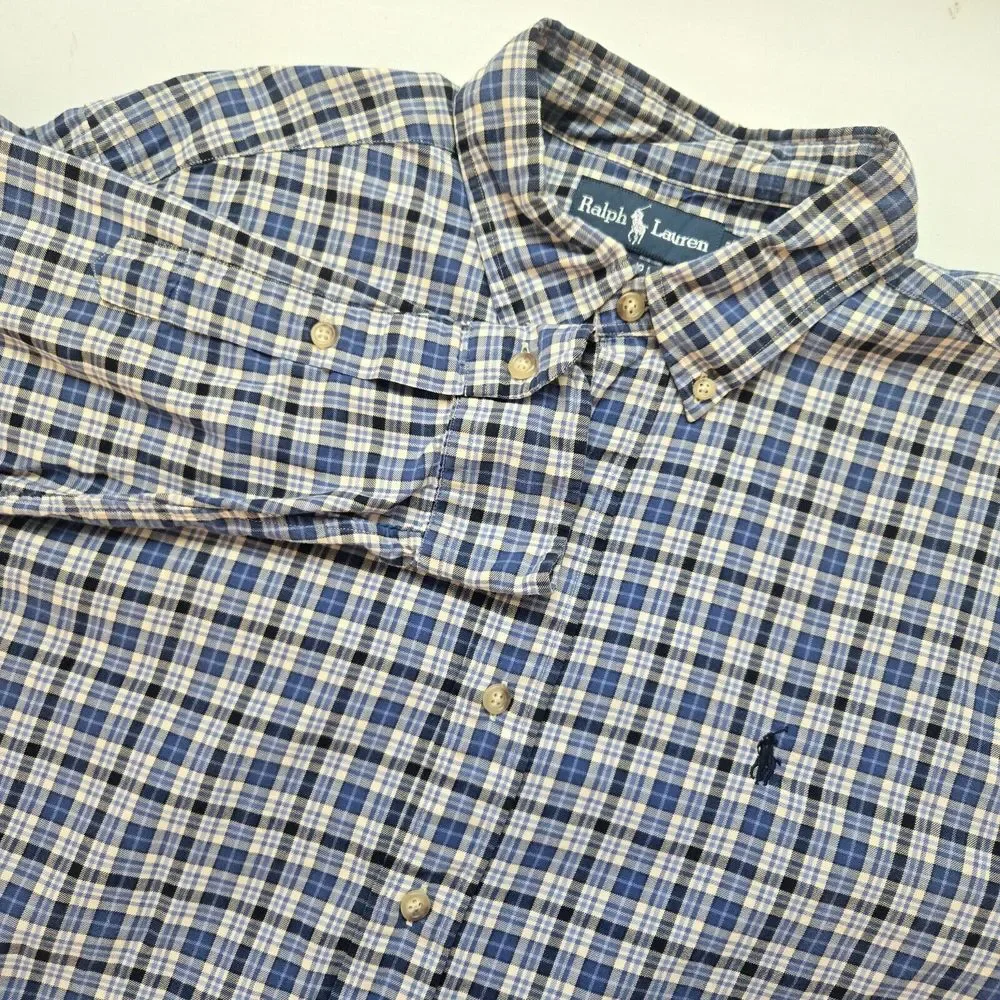 Ralph Lauren Button Down Shirt Adult L Classic Fit Blue Plaid Mens Pony